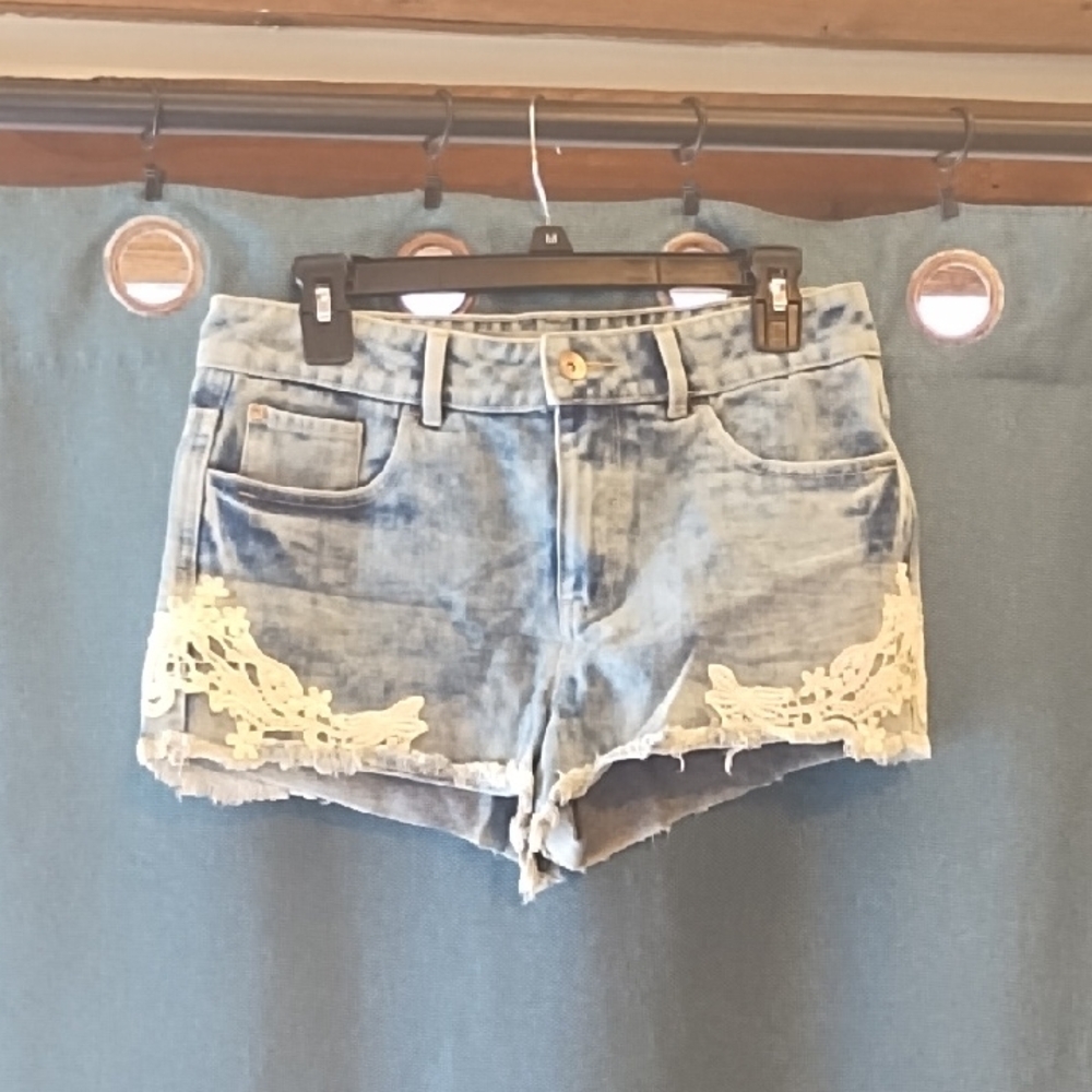 Light Blue Denim Jean Shorts with White Lace Trim